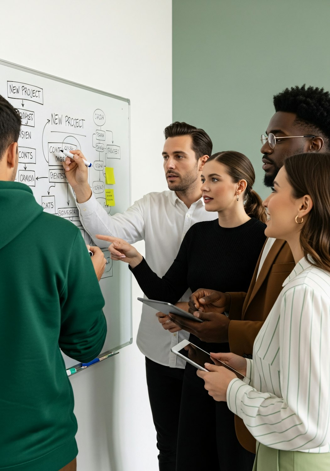 A diverse group of sales professionals collaborating in a modern office environment, sharing insights and strategies.