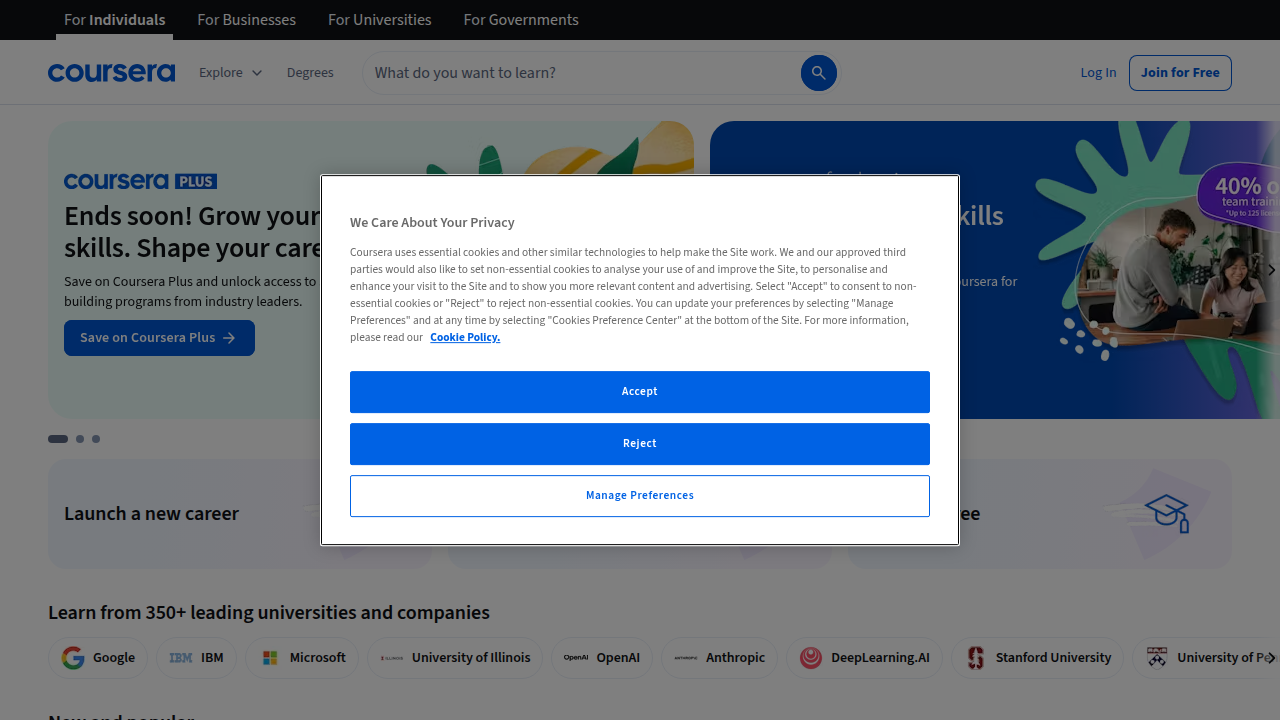 A screenshot of the Coursera homepage, representing platforms for self-study modules and online courses to build leadership skills.