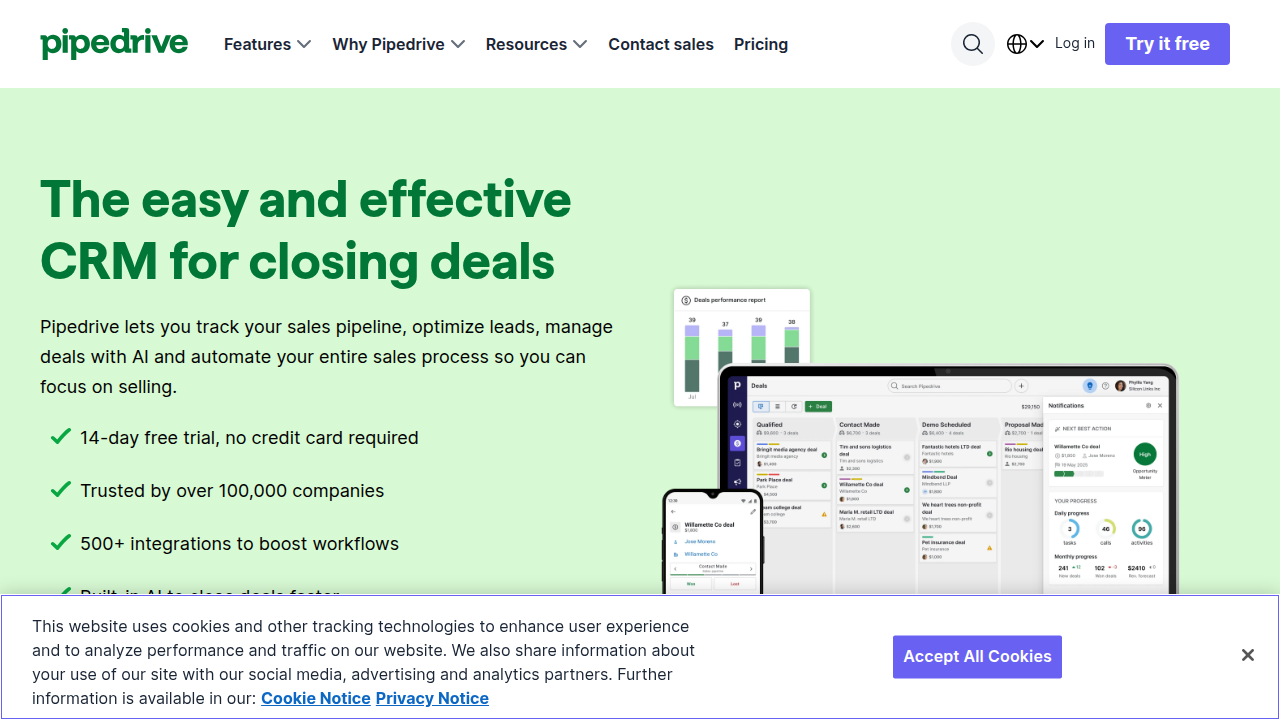 A screenshot of the Pipedrive CRM homepage, illustrating its focus on visual sales pipeline management.