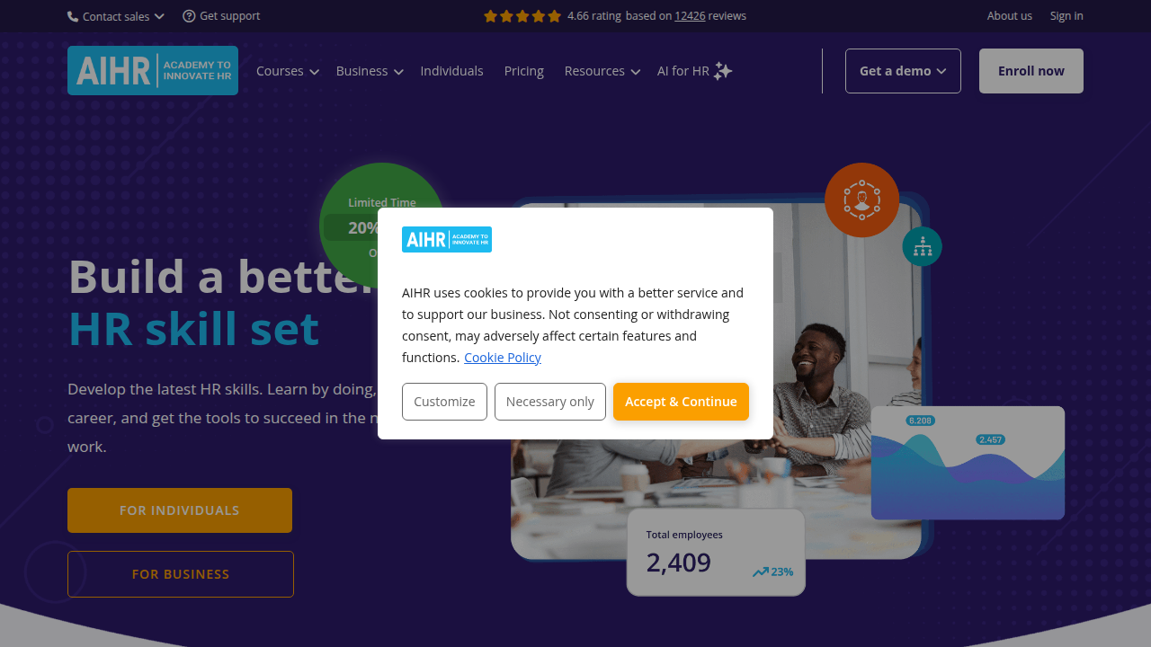 Screenshot of the AIHR Digital homepage, a resource for HR and learning professionals, offering guides and templates for coaching models like GROW.