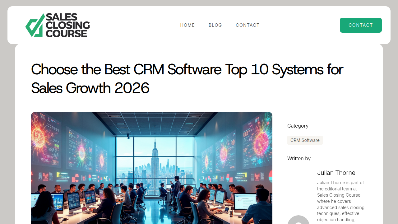 Screenshot of an article about selecting CRM software, highlighting its utility for tracking sales data and measuring progress in mentoring programs.