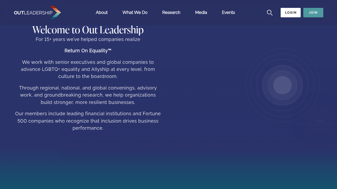 A screenshot of the OutLeadership.com website, an organization focused on the positive impact of LGBTQ+ equality on business success.