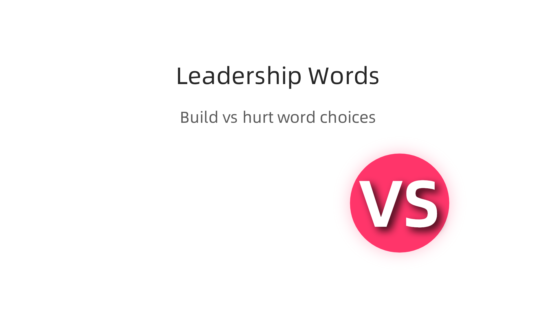 An infographic illustrating the contrast between leadership words that build trust and collaboration ('Possibility', 'We', 'Grow') and those that subtly undermine a team ('But', 'Must', 'Problem').
