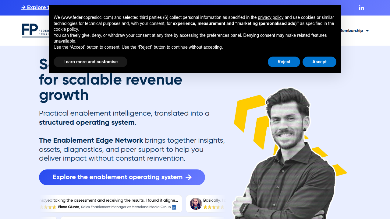 Screenshot of Federico Presicci's blog homepage, a resource for sales coaching insights and statistics.