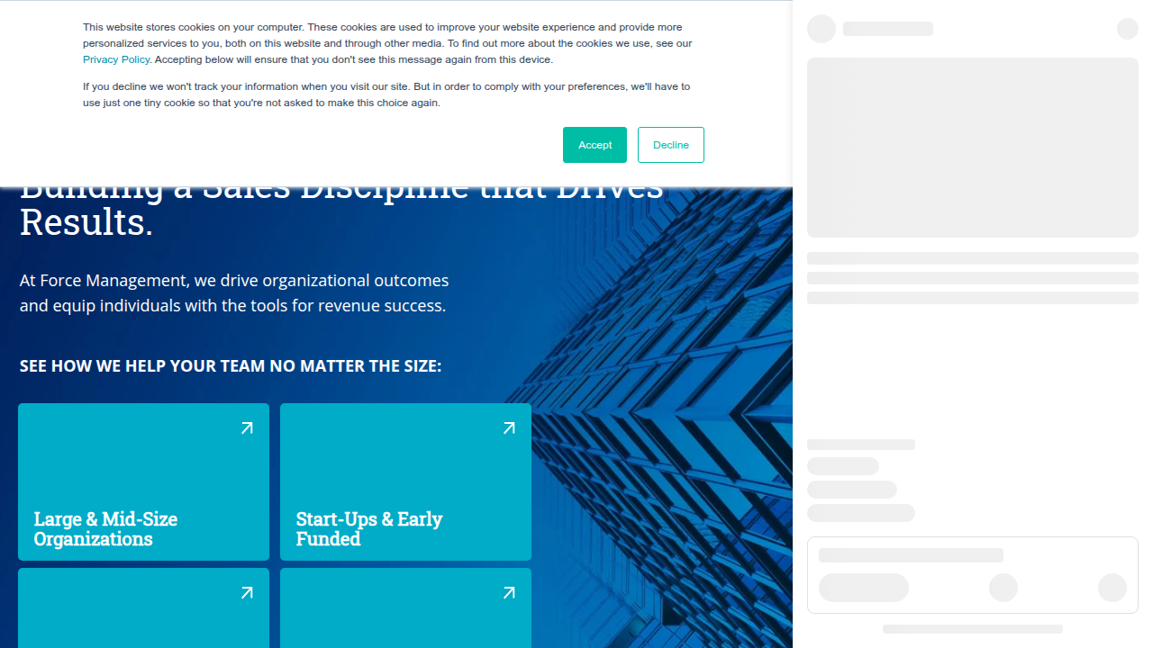 Screenshot of Force Management's homepage, highlighting resources for sales leadership priorities and growth strategies.