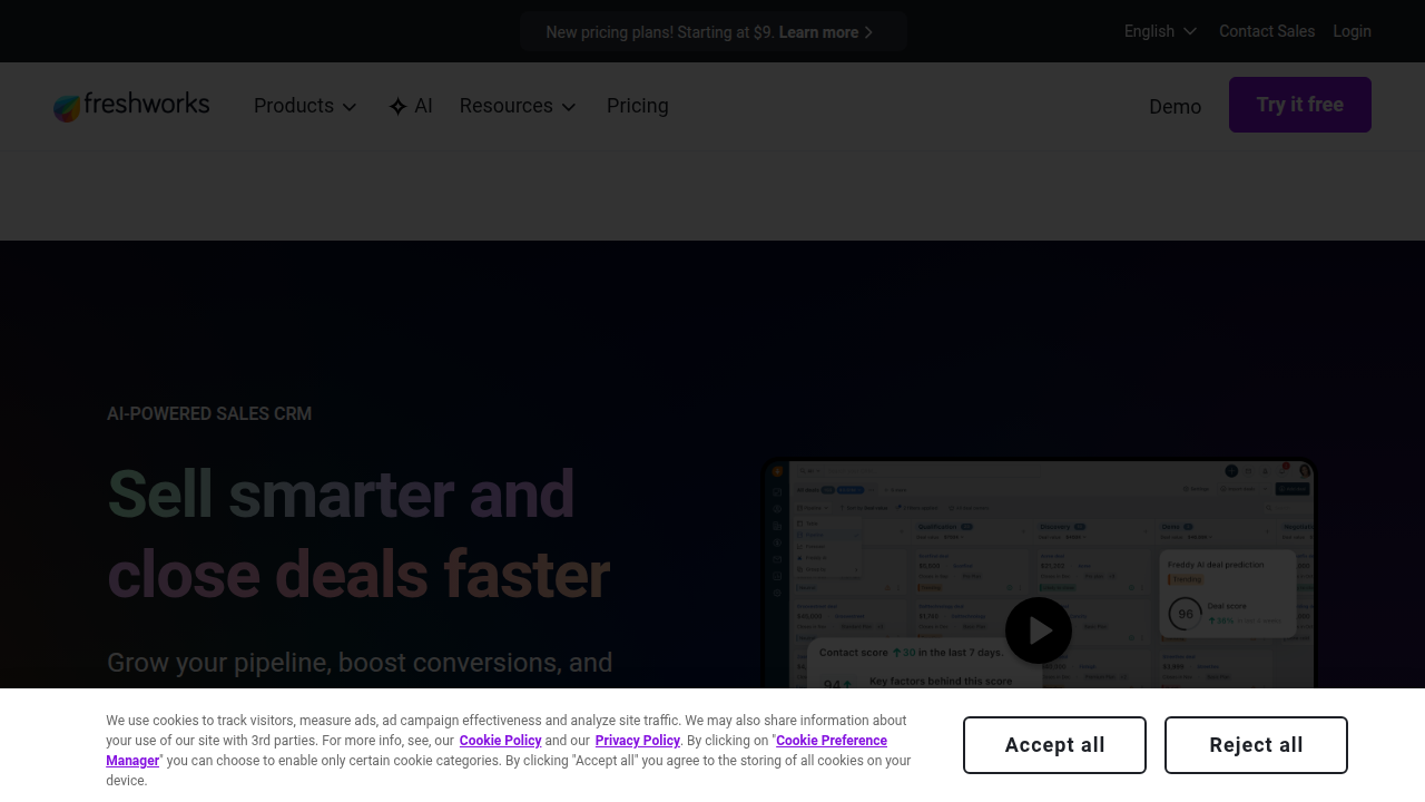 The Freshsales website, illustrating its AI-powered lead scoring and integrated communication tools designed for sales professionals.