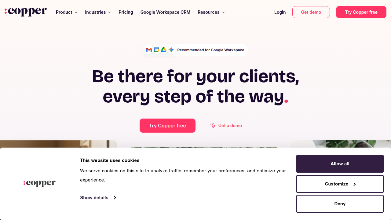 The Copper CRM website, showcasing its seamless integration and user experience specifically designed for Google Workspace users.