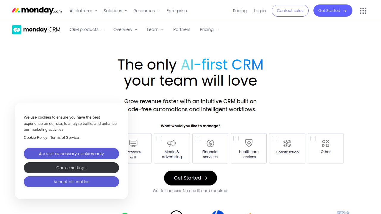 The Monday.com website, featuring its Sales CRM solution that combines visual project management with comprehensive CRM functionalities.