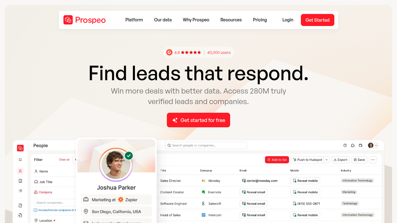A screenshot of the Prospeo.io homepage, a source cited for business pain points and hiring difficulty data.