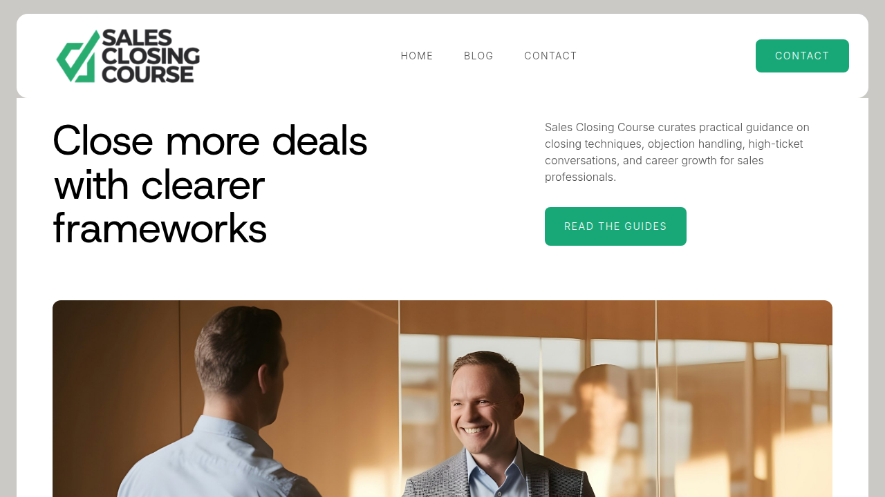 A screenshot of the SalesClosingCourse.com homepage, a recommended resource for advanced sales training and interview preparation.