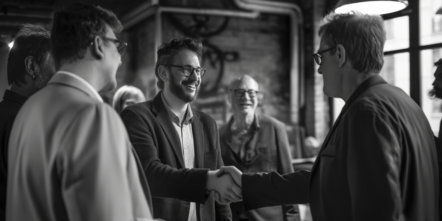 Sales professionals networking at a conference or professional event, highlighting the importance of building relationships for career growth and new opportunities.