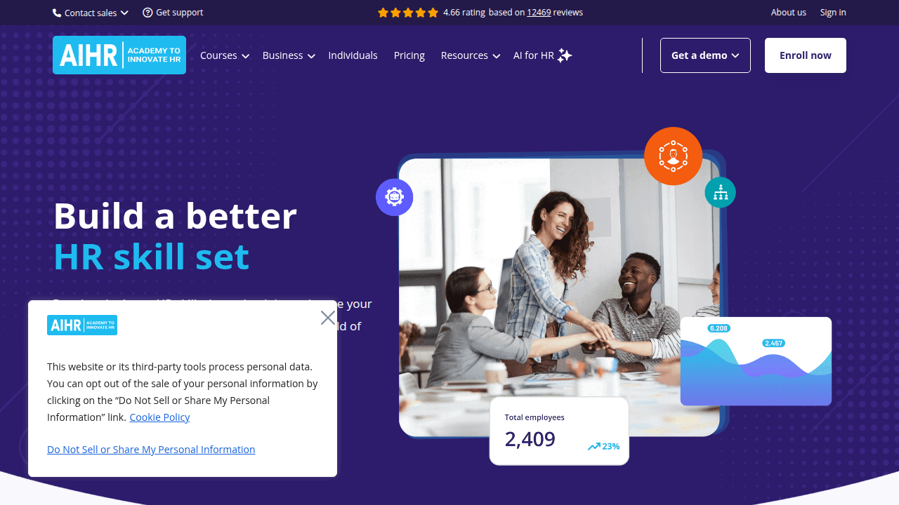 Screenshot of the AIHR.com homepage, a platform for HR learning and resources, mentioned for its insights on sales compensation and plan effectiveness.