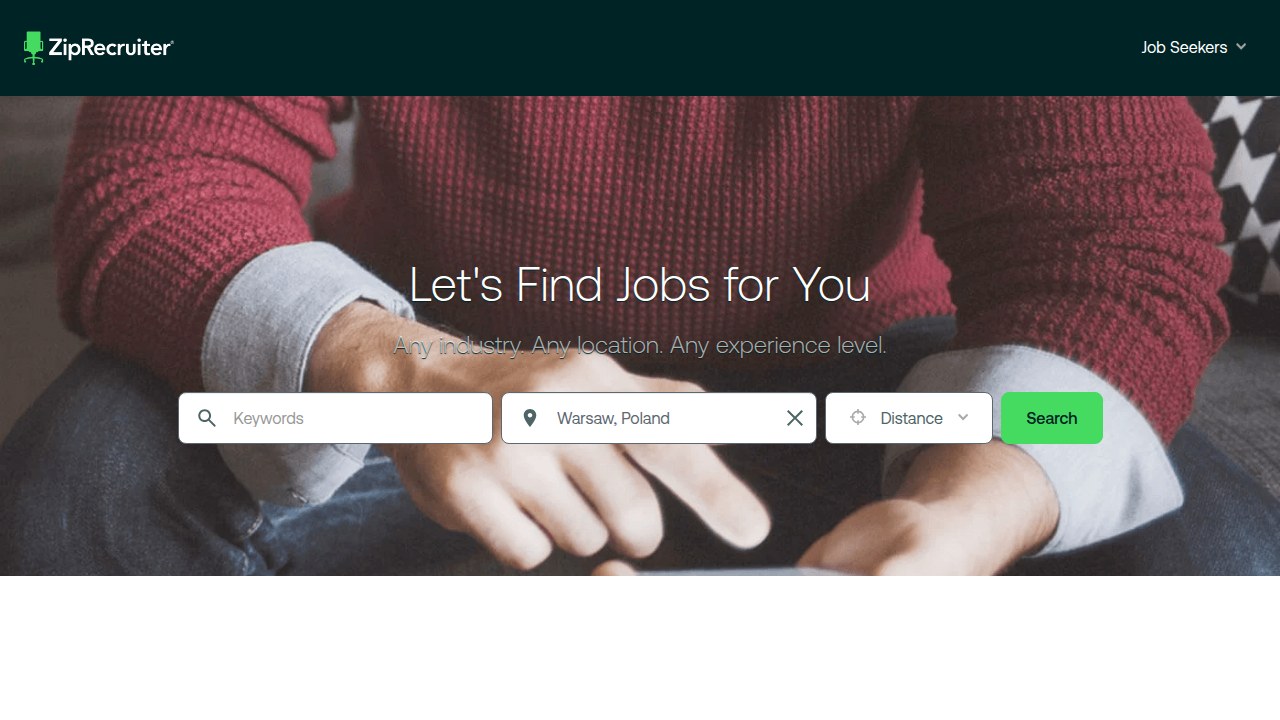 A screenshot of the ZipRecruiter homepage, showcasing its main interface for job seekers and employers.