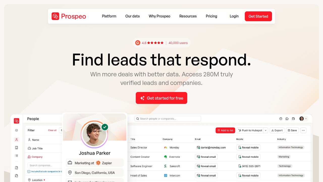 The homepage of Prospeo, a platform related to AI sales content generation.