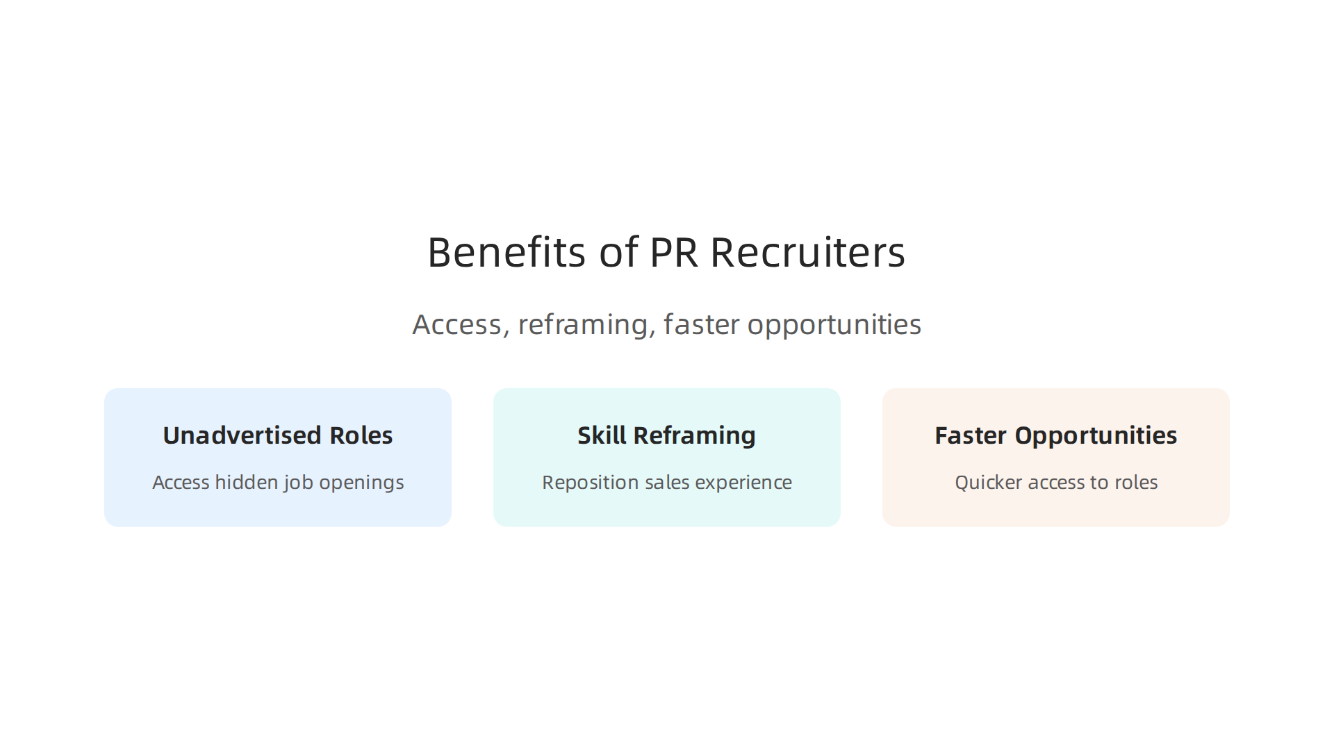 PR recruiters offer access to unadvertised roles, help with skill reframing, and faster access to opportunities.