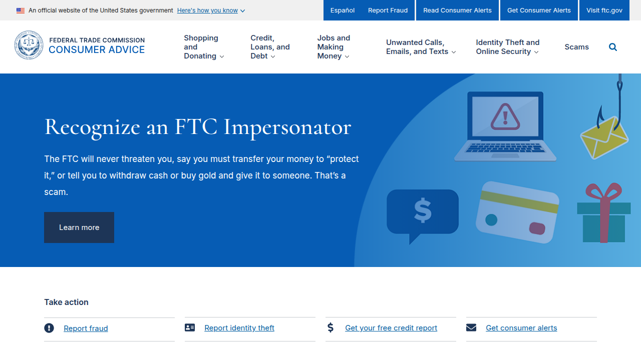 A screenshot of the Federal Trade Commission (FTC) website, an essential resource for identifying and avoiding common job scams.