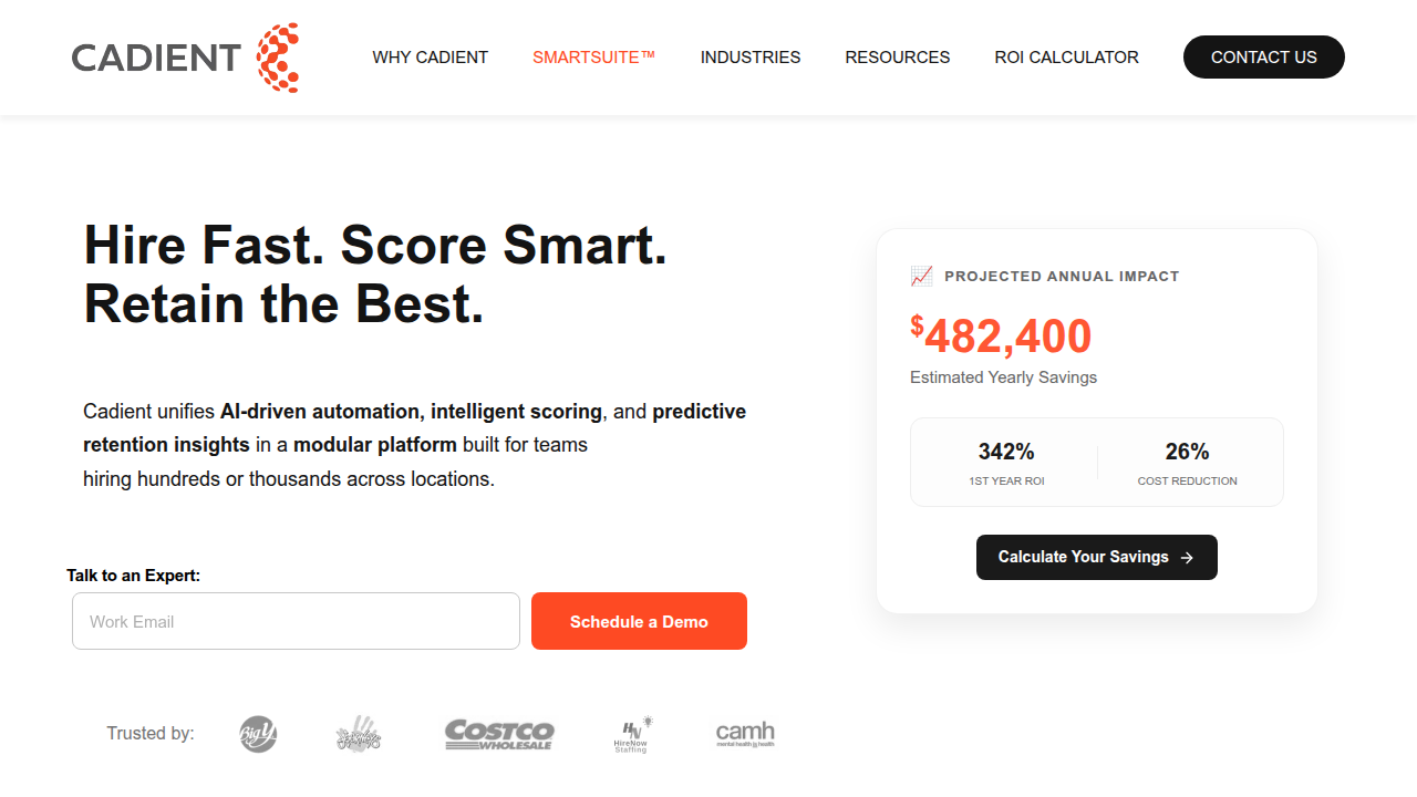 A screenshot of the Cadient Talent website, showcasing how AI-driven tools are revolutionizing the speed and accuracy of recruitment.