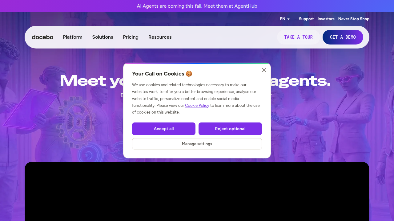 Screenshot of the Docebo homepage to show AI-driven learning paths and marketplace features relevant to sales enablement.