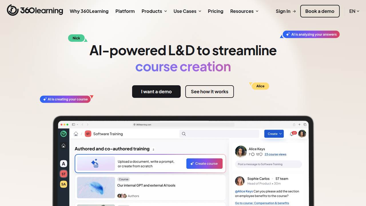 Screenshot of 360Learning homepage illustrating collaborative course creation and peer-learning features.