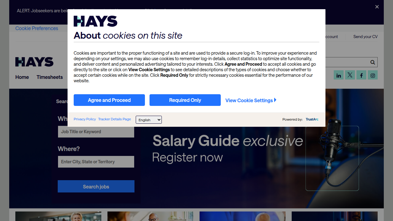 The homepage of Hays Australia, a global recruitment firm with a dedicated sales division specializing in various sectors.