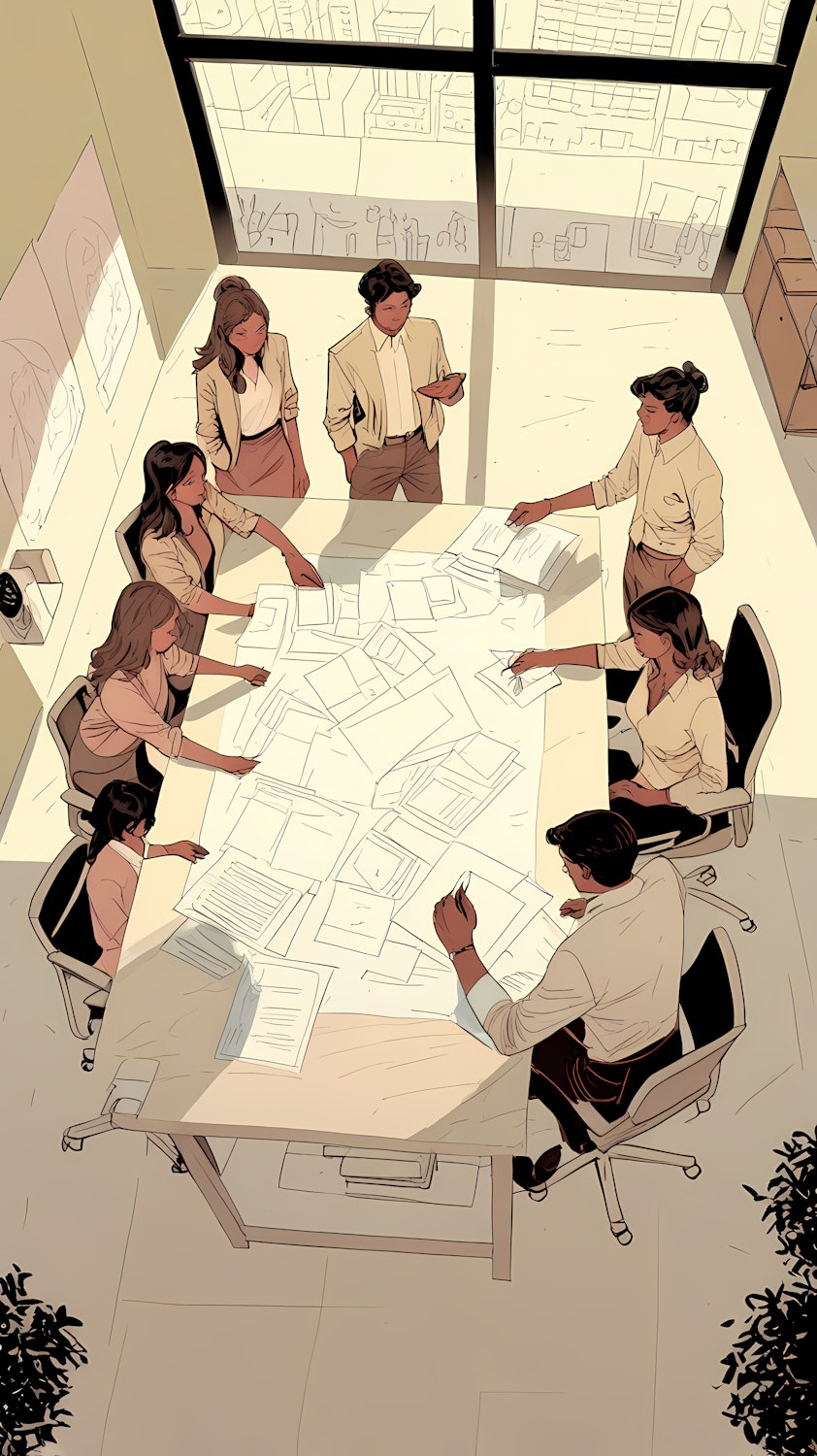 A sales team working together in an agency setting, showcasing the collaborative environment and shared resources available.